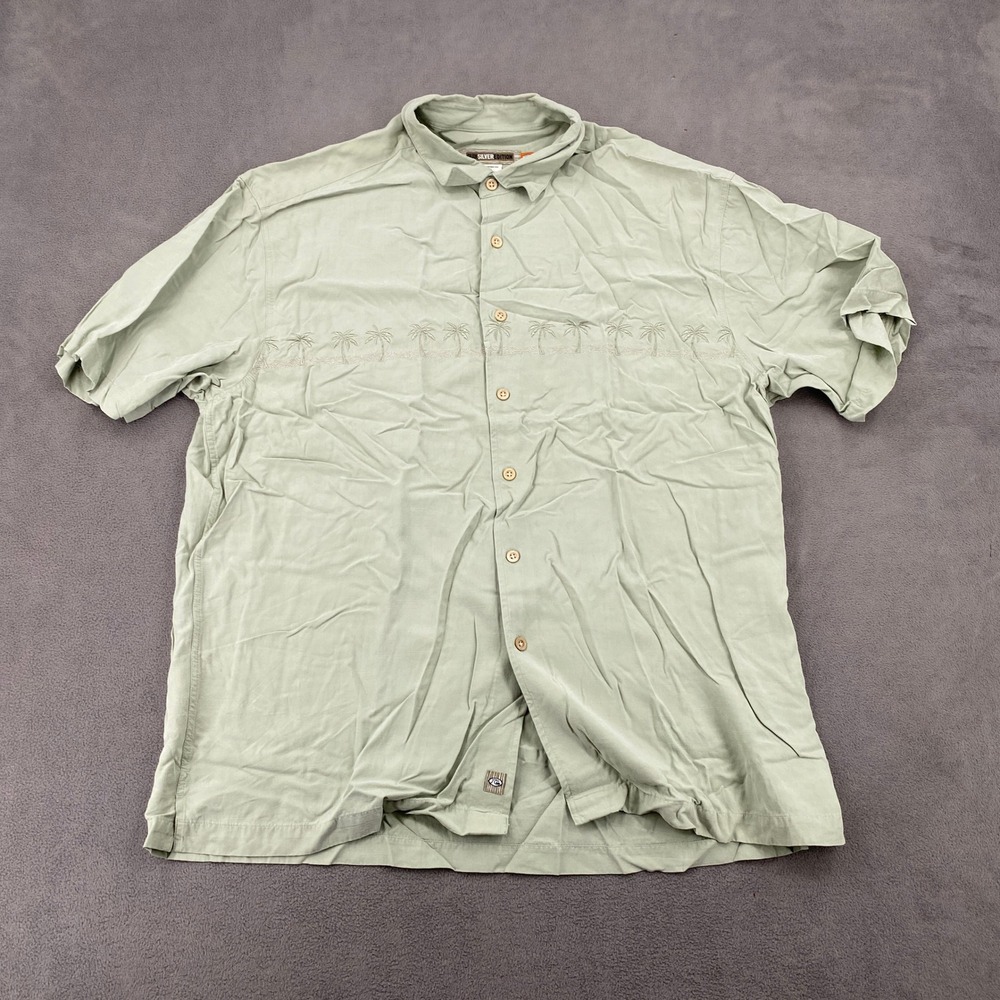 Quiksilver Edition Mens XL Sage Green Palm Tree Embroidered Button Down Shirt